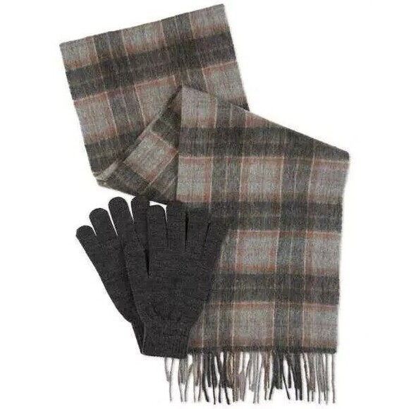 Barbour men's Tartan Plaid Scarf & Glove Set - Grey / rust - retail $100 - Picture 2 of 5